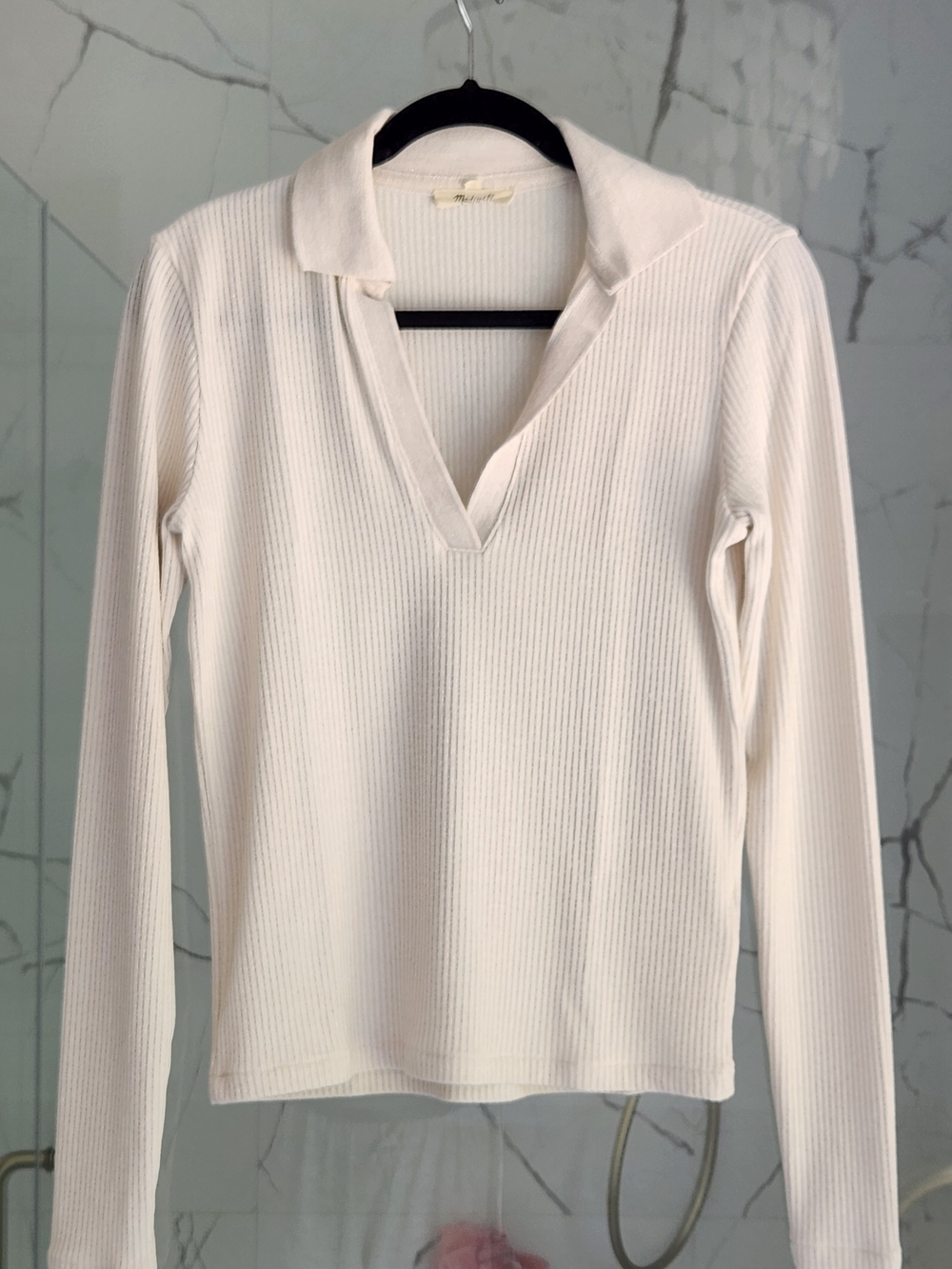 Madewell Cream Ribbed V-Neck Collared Sweater - Picture 2 of 2